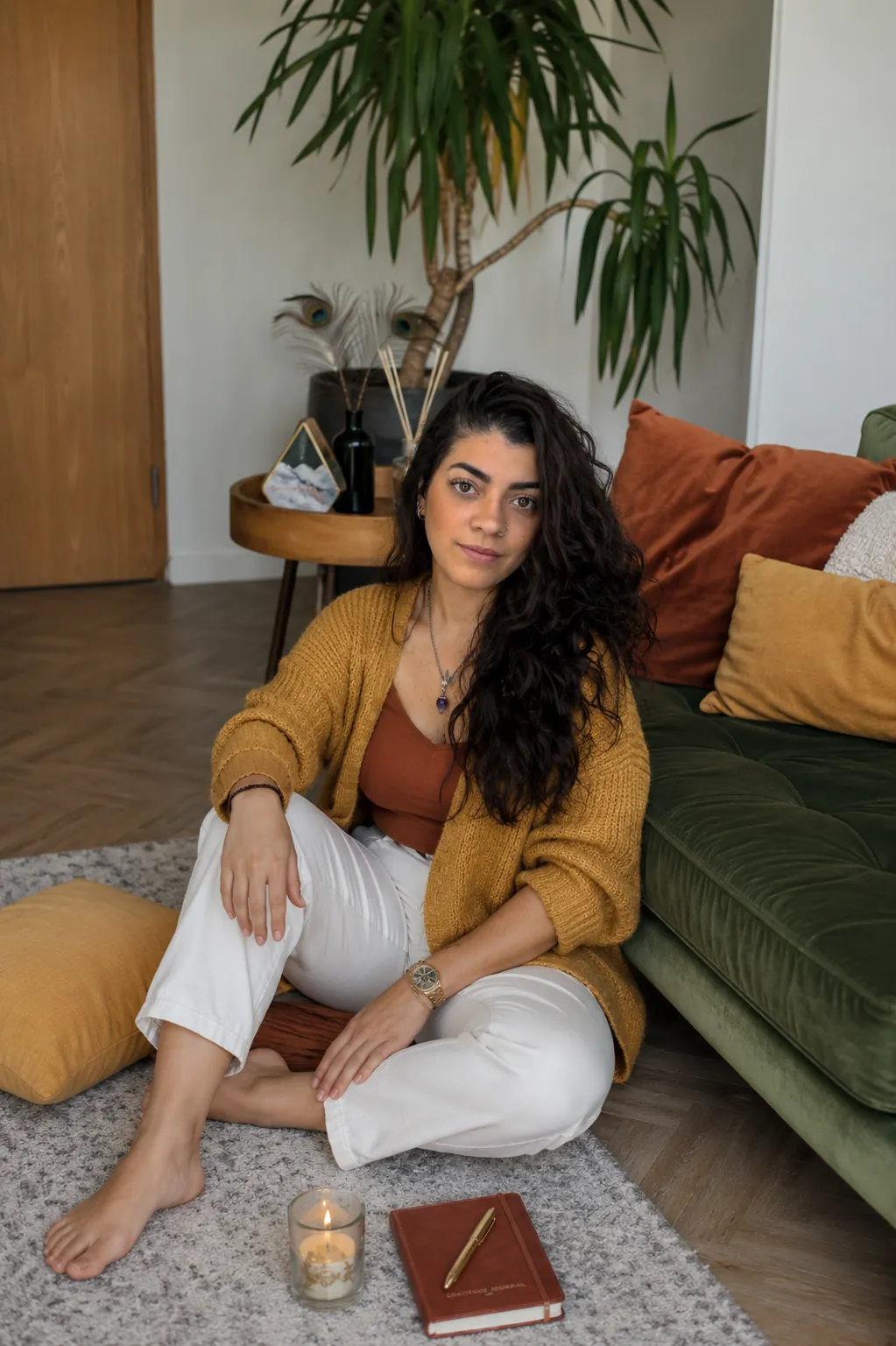 Kira Echenagucia sentada en el suelo con su diario y una vela
