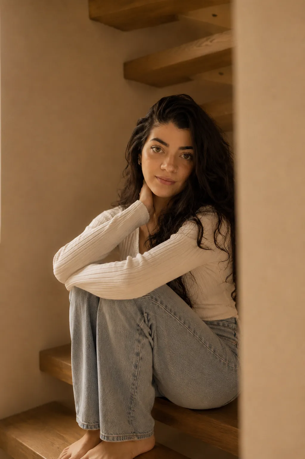 Kira Echenagucia sentada en una escalera de madera, serena